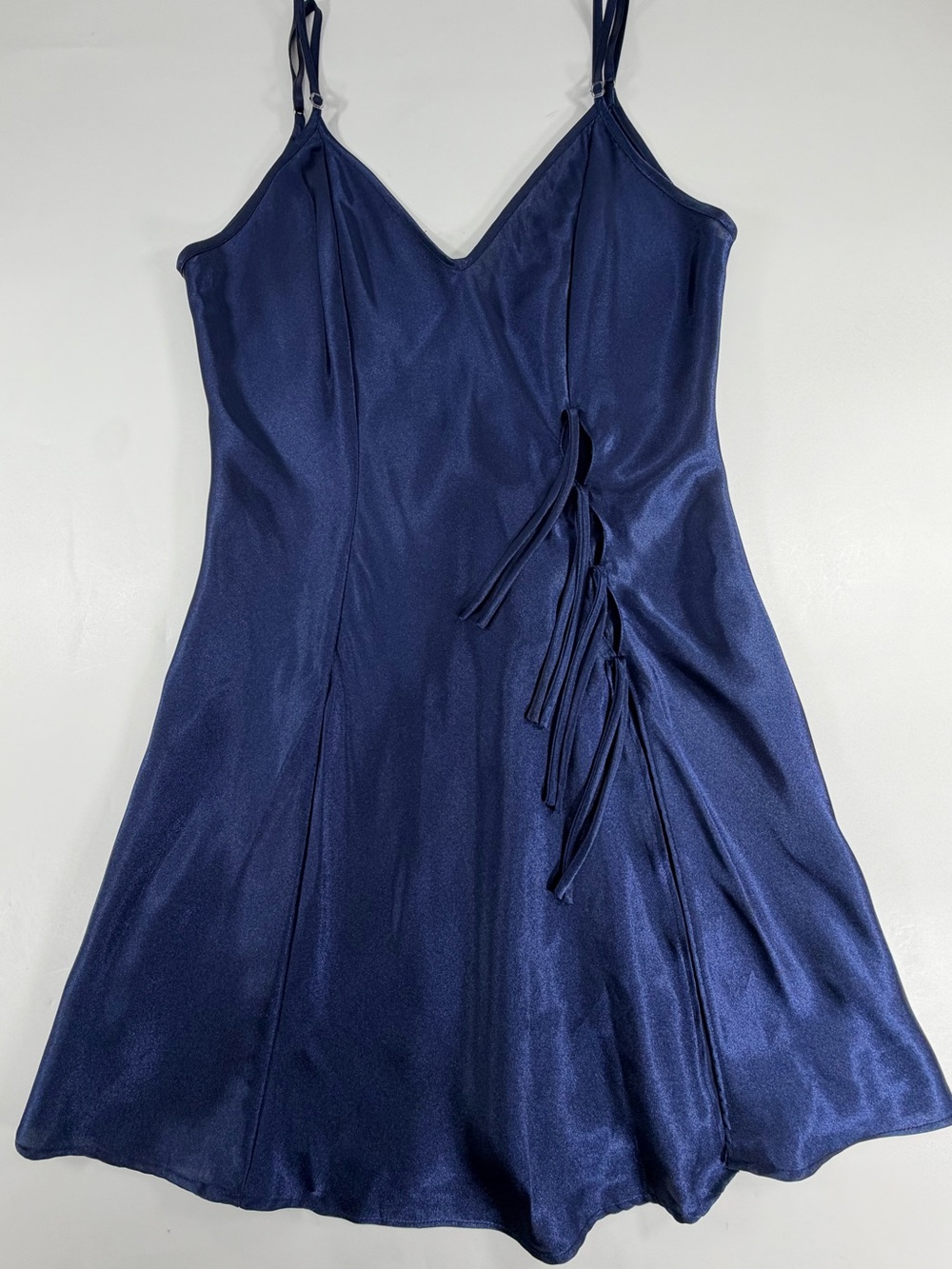 Fredericks of Hollywood Navy Blue Satin Chemise Slip Dress Side Tie‎ Lingerie S